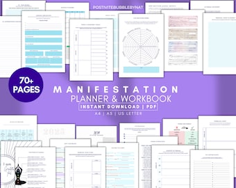 May include: A digital planner and workbook with the title "Manifestation Planner & Workbook" and the text "70+ Pages" in a circle. The planner is designed to help people manifest their goals and dreams. It includes pages for goal setting, vision boards, gratitude journaling, and more.