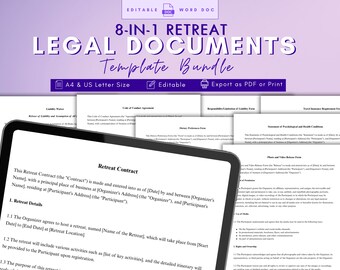 Retreat Legal Document 8-in-1 BUNDLE | Customizable Retreat Contract, Liability Waiver, Dietary Preferences, Photo & Video Release WORD Doc