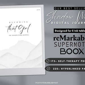 Puede incluir: Un diario digital titulado "Becoming That Girl: The Shadow Work Journal" mostrado en un lector electrónico blanco con un fondo gris. El diario presenta más de 175 indicaciones de autoterapia y más de 220 páginas con hipervínculos. El lector electrónico es compatible con las tabletas Remarkable, Supernote y Boox.
