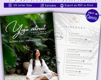Sjabloon reisschema yogaretraite | Aanpasbaar evenementschema in Canva | Bewerkbare agenda voor vrouwenwelzijn | Digitale download voor retraiteplanning