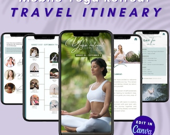 May include: A mobile phone screen displaying a yoga retreat itinerary for Costa Rica. The itinerary includes daily activities, such as yoga, meditation, and excursions. The phone screen is surrounded by a purple background with the text "Mobile Yoga Retreat Travel Itinerary" at the top.