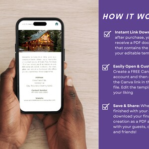 May include: A smartphone displaying a digital template for a cabin rental listing. The template includes a photo of the cabin, the address, contact number, and website. The image also shows a checklist of steps on how to use the template, including instant download, easy customisation, and saving and sharing.