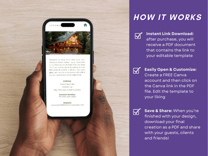 May include: A smartphone displaying a digital template for a cabin rental listing. The template includes a photo of the cabin, the address, contact number, and website. The image also shows a checklist of steps on how to use the template, including instant download, easy customisation, and saving and sharing.