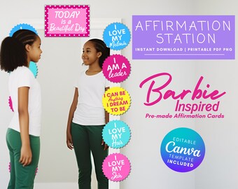 May include: A set of printable affirmation cards with a Barbie theme. The cards feature positive messages like "I love my melanin" and "I am a leader". The cards are designed to be used as a tool for self-affirmation and positive self-talk. The image also includes a Canva template for editing the cards.
