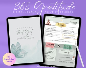May include: Two digital journals on a purple background. The journals display the text "365 Gratitude" and "Becoming That Girl 5-Minute Gratitude Journal." One journal shows a butterfly graphic and the other shows a daily planner with the text "I am enough."