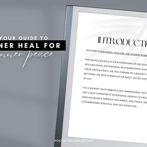 Puede incluir: Un diario digital con el t&iacute;tulo "Becoming That Girl: The Shadow Work Journal" y el texto "Your Guide to Inner Heal for inner peace" en la portada.