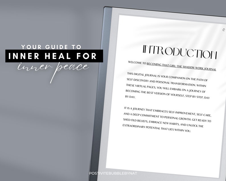 Puede incluir: Un diario digital con el t&iacute;tulo "Becoming That Girl: The Shadow Work Journal" y el texto "Your Guide to Inner Heal for inner peace" en la portada.