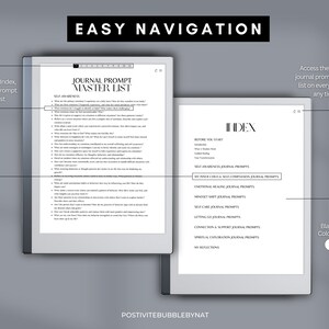 Puede incluir: Un diario digital en blanco y negro con una lista maestra de indicaciones para el diario. El diario est&aacute; abierto en una p&aacute;gina titulada "Journal Prompt Master List" e incluye una secci&oacute;n para "Self-Awareness Journal Prompts". El diario tambi&eacute;n tiene un &iacute;ndice con una lista de diferentes categor&iacute;as de indicaciones para el diario. El texto "EASY NAVIGATION" est&aacute; en la parte superior de la imagen.