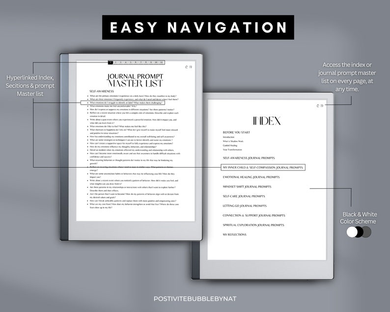Puede incluir: Un diario digital en blanco y negro con una lista maestra de indicaciones para el diario. El diario est&aacute; abierto en una p&aacute;gina titulada "Journal Prompt Master List" e incluye una secci&oacute;n para "Self-Awareness Journal Prompts". El diario tambi&eacute;n tiene un &iacute;ndice con una lista de diferentes categor&iacute;as de indicaciones para el diario. El texto "EASY NAVIGATION" est&aacute; en la parte superior de la imagen.