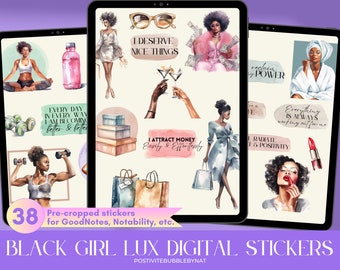 Puede incluir: Un conjunto de 38 pegatinas digitales con ilustraciones de mujeres negras en varias poses y entornos. Las pegatinas incluyen frases como "Me merezco cosas bonitas", "Atraigo dinero fácil y sin esfuerzo", y "Todo siempre funciona para mí".