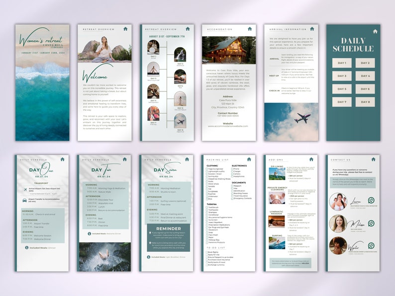May include: A teal and white brochure with the text "Women's Retreat" and a daily schedule for a retreat. The brochure includes information about the retreat, accommodation, packing list, and contact information.