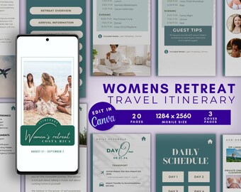May include: A digital planner template for a women's retreat in Costa Rica. The template includes a table of contents, daily schedule, and a cover page with the text "Women's Retreat Travel Itinerary".