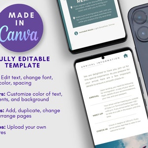 May include: A purple circle with the text "MADE IN Canva" in white. Below the circle, the text "FULLY EDITABLE TEMPLATE" is in white. Below that, the text "Text: Edit text, change font, size, color, spacing" is in white. Below that, the text "Colors: Customize colour of text, elements, and background" is in white. Below that, the text "Pages: Add, duplicate, change & rearrange pages" is in white. Below that, the text "Photos: Upload your own pictures" is in white. The image shows a phone screen with the text "ARRIVAL INFORMATION" and the text "We are delighted to have you join us for this special experience. As you prepare for your arrival, here are a few important details to ensure a smooth check-in." The text "ARRIVAL" is in bold. Below that, the text "Upon landing, you need the following for immigration: a copy of your return flight, details of your accommodations, your visa, and your passport." is in black. Below that, the text "ARRIVAL" is in bold. Below that, the text "Your driver will be meeting you outside of Gate 4 in Terminal 1 between 1:00-4:00 pm. If you arrive earlier, feel free to relax at a cafe in the airport until this time." is in black. Below that, the text "MEET-UP" is in bold. Below that, the text "Check-in begins at 1:00 pm. If you arrive earlier, feel free to relax in our welcome lounge." is in black. Below that, the text "CHECK-IN" is in bold.