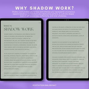 May include: A light green and white digital tablet with the text "WHY SHADOW WORK?" and "WHAT IS SHADOW WORK" on the screen. The text explains the concept of shadow work in psychology and how it can help people to understand and integrate their unconscious aspects.