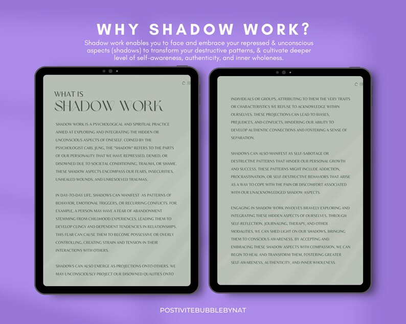 May include: A light green and white digital tablet with the text "WHY SHADOW WORK?" and "WHAT IS SHADOW WORK" on the screen. The text explains the concept of shadow work in psychology and how it can help people to understand and integrate their unconscious aspects.