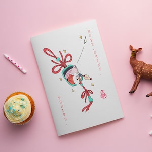 Chinesische Neujahrs und Geburtstagskarte – "Hope, Shine, thrive" | Festliche Kaninchen-Illustration mit rotem Knoten-Design | Glückwünsche