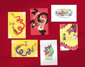 6 dragon post cards. Year of the Dragon Card, Chinese New Year, Lunar New Year, Chinese Zodiac, Dragon Horoscope Card, Happy New Year 2024