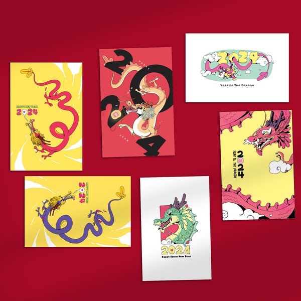 6 dragon post cards. Year of the Dragon Card, Chinese New Year, Lunar New Year, Chinese Zodiac, Dragon Horoscope Card, Happy New Year 2024