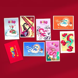 8 cartoline serpente. Carta dell'anno del serpente, Capodanno cinese, Capodanno lunare, Zodiaco cinese, Carta dell'oroscopo del serpente, Felice anno nuovo 2025
