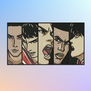 May include: Close-up of five men's faces with serious expressions. The men are drawn in a manga style with black hair and dark eyes. They are wearing red and white clothing.