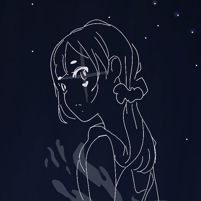 May include: A white line drawing of a person with long hair against a dark blue background with white stars. The person is looking to the left and has a small bow in their hair.