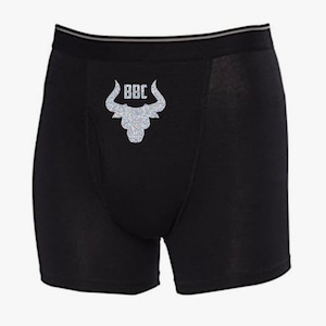 May include: Black boxer briefs with a silver glitter bull head graphic and the text "BBC" on the front.