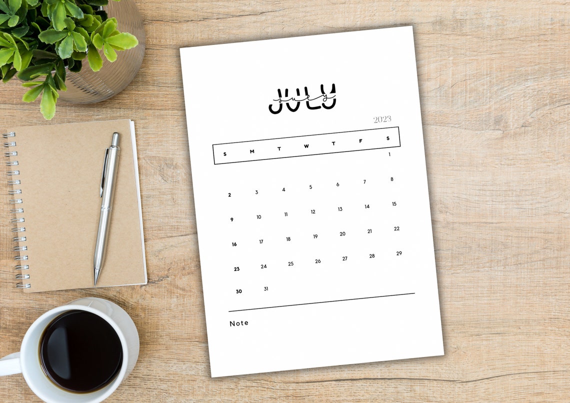 Printable Minimalist July 2023 Calendar, Aesthetic Wall Calendar A4