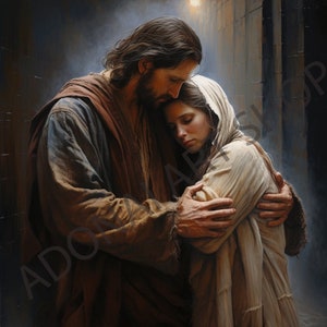 Jesus Christ Holding Hugging sad Women Mary Magdalene Oil Painting PNG Printable Christian Art Illustration