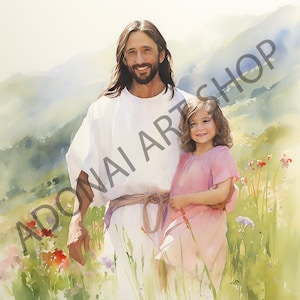 Jesus Christ Holding Comforting small child in meadow flowers watercolor Oil Painting PNG Printable Christian Art Illustration Religious LDS