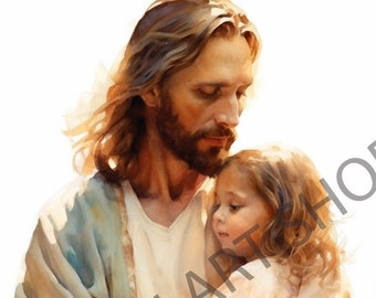 Jesus Christ Holding Comforting Holding small child Watercolor PNG Printable Christian Art Illustration Religious Painting LDS