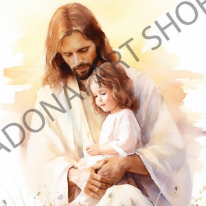 Jesus Christ Holding small child in meadow flowers watercolor Painting PNG Printable Christian Art Illustration Religious LDS