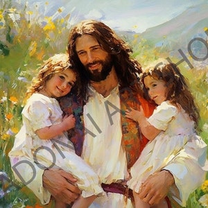 Jesus Christ holding small children in meadow flowers Painting watercolor PNG Printable Christian Art Illustration Religious Painting LDS