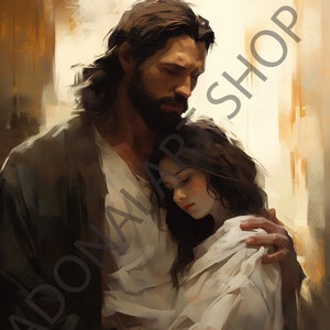 Jesus Christ Holding Comforting a teen girl watercolor Oil Painting PNG Printable Christian Art Illustration Religious Painting LDS