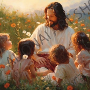 Jesus Christ With Small Children in Meadow Flowers Oil Painting ...