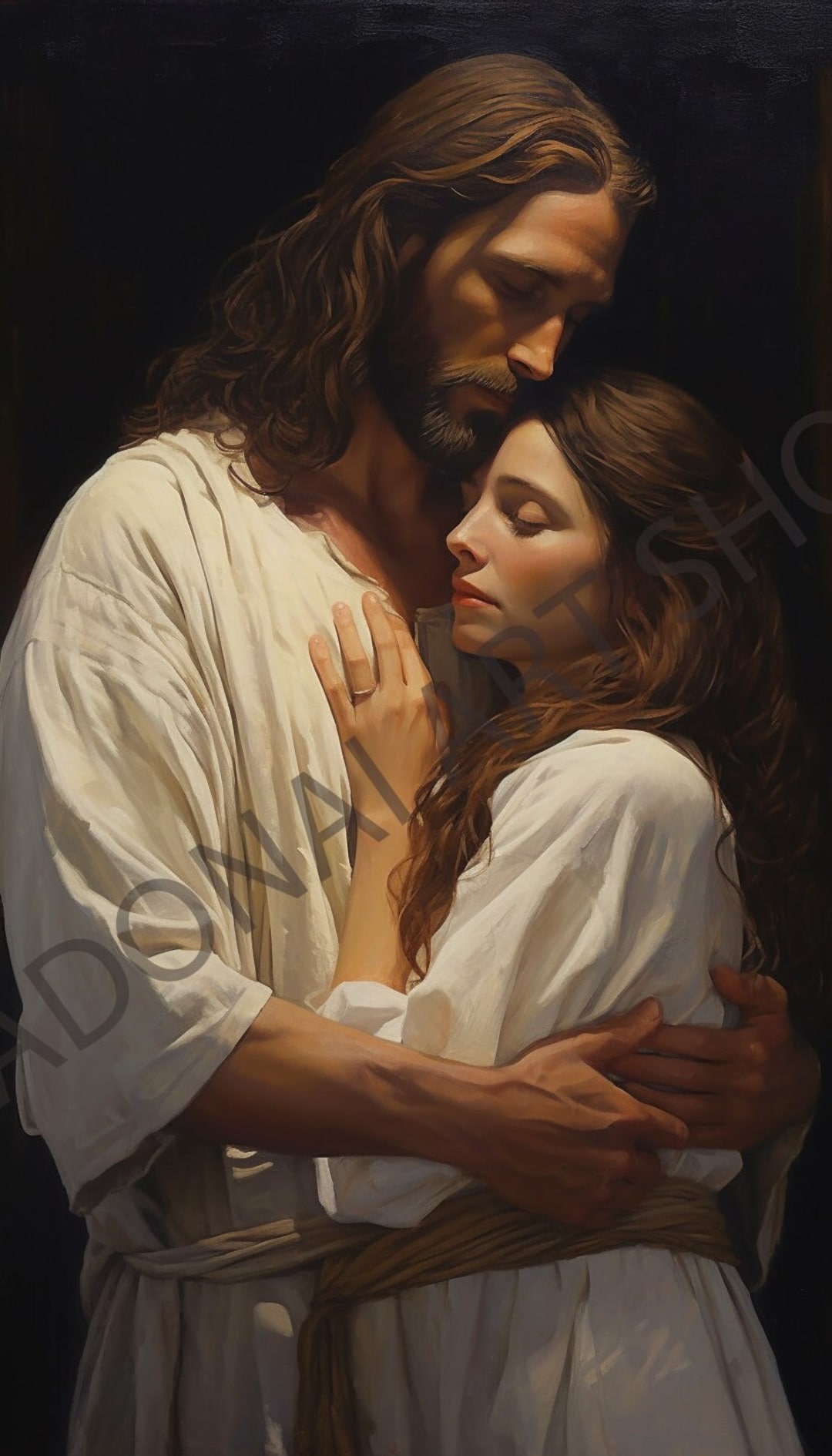 Jesus Christ Holding Hugging Comforting Dark Haired Women Oil Painting