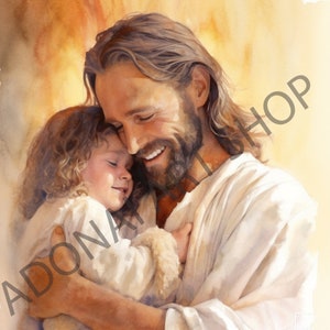 Jesus Christ Holding Comforting small child in His arms watercolor Oil Painting PNG Printable Christian Art Illustration Religious LDS