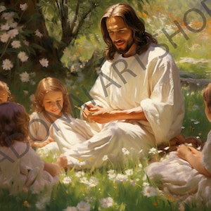 Jesus Christ with small children in meadow flowers Oil Painting watercolor  PNG Printable Christian Art Illustration Religious Painting LDS