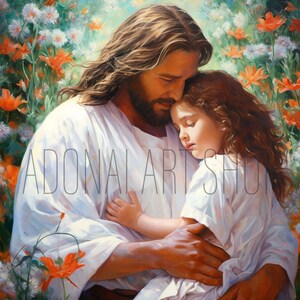 Jesus Christ Holding Comforting small child in meadow flowers Oil Painting PNG Printable Christian Art Illustration Religious Painting LDS