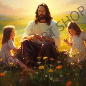 Jesus Christ with small children in meadow flowers Oil Painting watercolor  PNG Printable Christian Art Illustration Religious Painting LDS