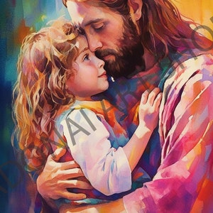 Jesus Christ Holding Comforting small child Watercolor PNG Printable Christian Art Illustration Religious Painting LDS