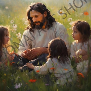 Jesus Christ with small children in meadow flowers Oil Painting watercolor  PNG Printable Christian Art Illustration Religious Painting LDS