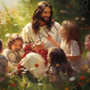 Jesucristo con niños pequeños en flores de pradera Pintura al óleo acuarela PNG Arte cristiano imprimible Ilustración Pintura religiosa LDS