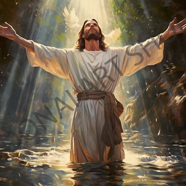 Jesus Yeshua Baptism in Jordan River, Dove,PNG Digital Christian Art - High Quality Printable LDS Art Oil Painting