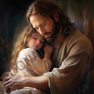 Jesus Christ Holding Hugging Comforting small child Oil Painting PNG Printable Christian Art Illustration Religious Painting LDS