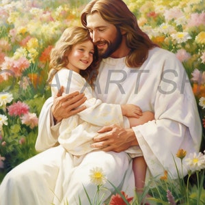 Jesus Christus hält tröstendes kleines Kind in Wiese Blumen Ölgemälde PNG druckbare christliche Kunst Illustration Religiöse Malerei LDS