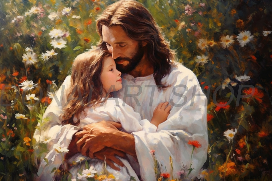 Jesucristo sosteniendo a un niño pequeño reconfortante en las flores