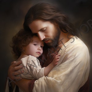 Jesus Christ Holding Comforting loving small child watercolor Oil Painting PNG Printable Christian Art Illustration Religious Painting LDS