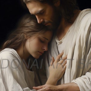 Jezus Christus Vasthouden Knuffelen Troostend Tienermeisje Jonge vrouwen Olieverfschilderij PNG Afdrukbare christelijke kunstillustratie LDS ART