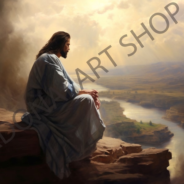 Jesus Yeshua Praying 40 Days in the Wilderness PNG Digital Christian Art - High Quality Printable LDS Art