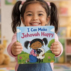 May include: A square board book titled I Can Make Jehovah Happy with a light blue sky background, green hills, and colorful flowers. The cover features a cartoon illustration of a child with pigtails hugging a white sheep in a grassy field.